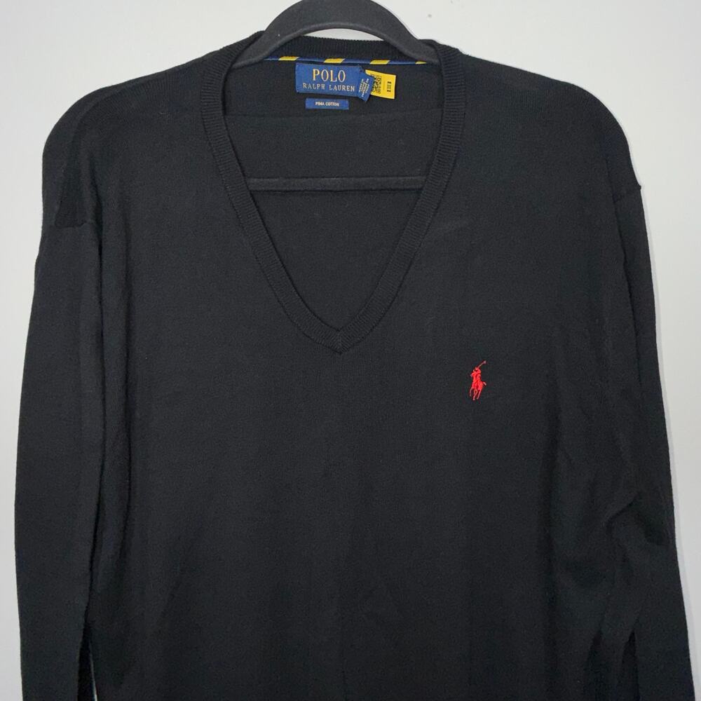 Polo Ralph Lauren Mens Size Large Black Pima Cotton V-Neck Long Sleeve Sweater